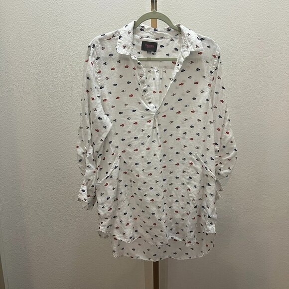 For Cynthia Beachwear White Linen Fish Print Dress Coverup Size X-Large - Picture 1 of 6